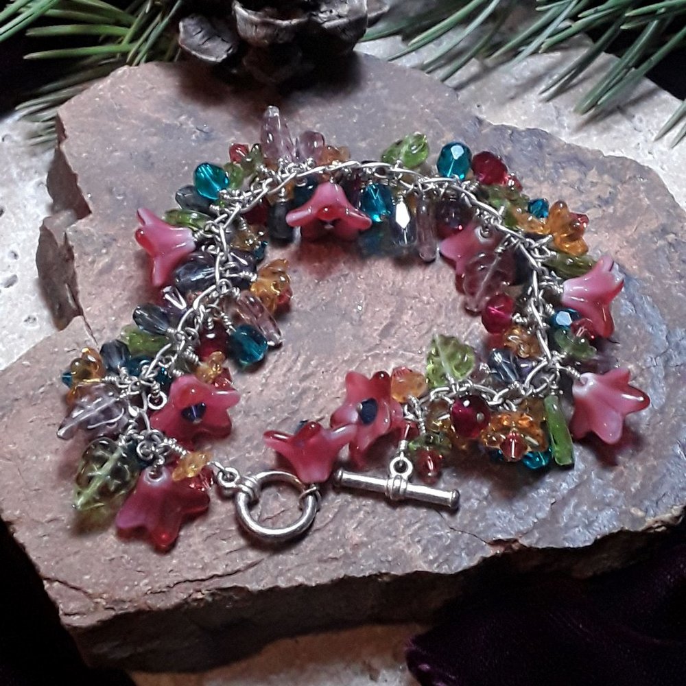 Colorful Silver Toggle Bracelet with Glass Florals, Leaves & Crystal Beads